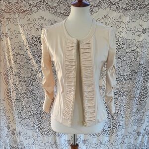 Clara Sun Woo Liquid Leather Jacket Ruched accents 3/4 Sleeves Ivory color